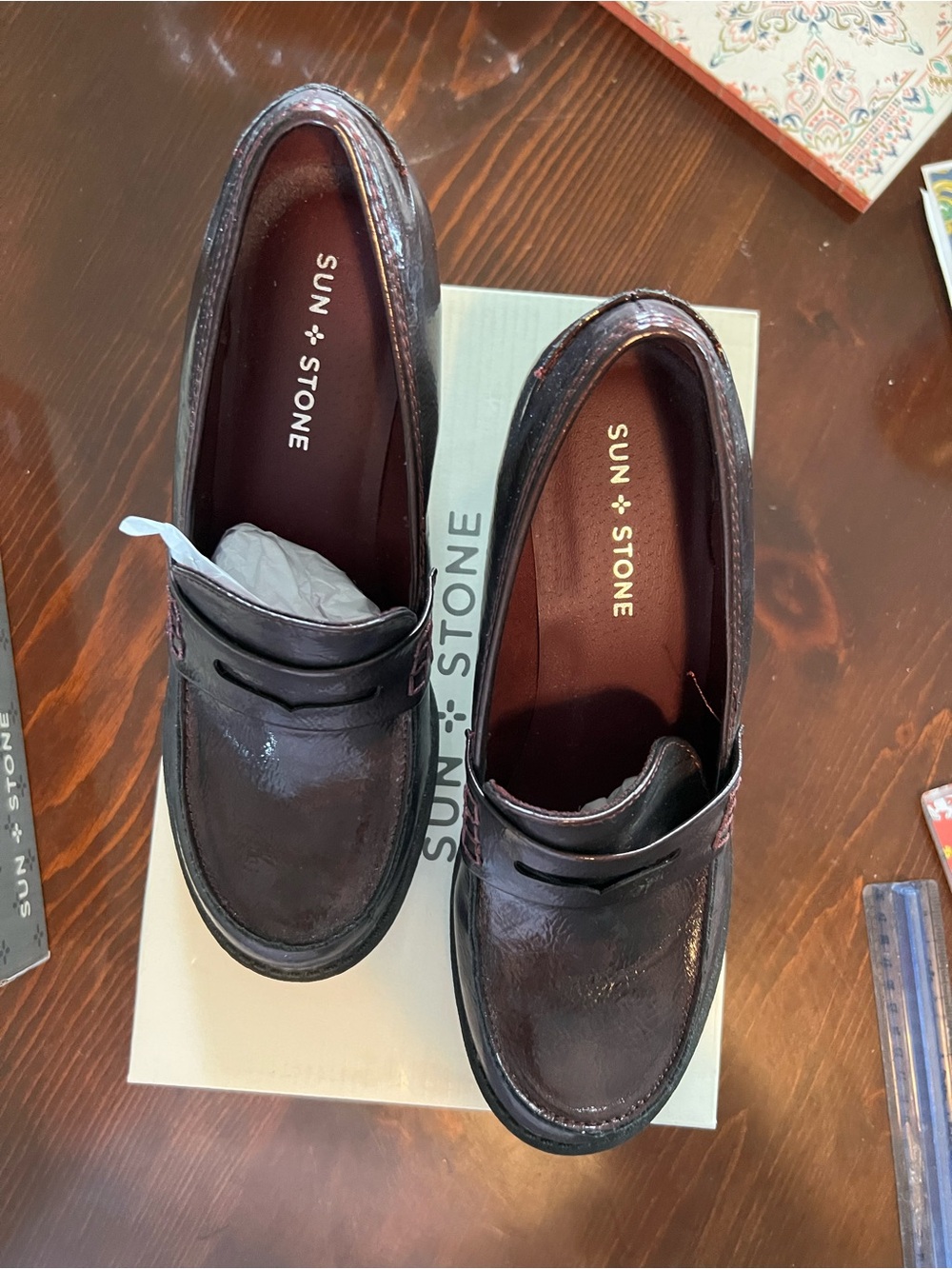 Sun + Stone women Burgundy Brown Leather Penny Loafers